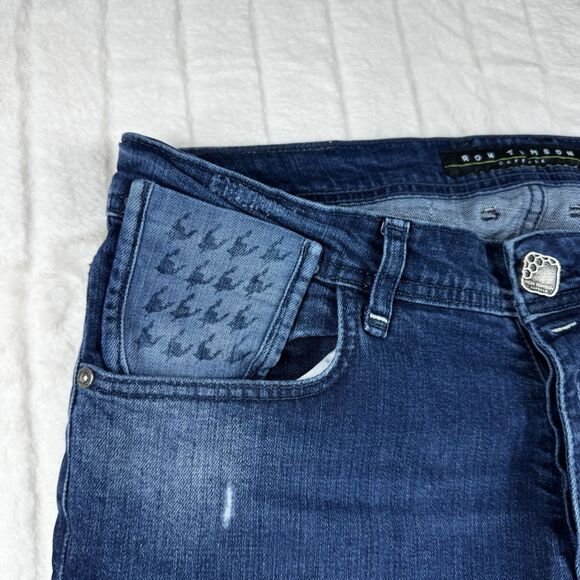 Ron Tomson Logo Graphic Distressed Jeans Men 34x30 Slim Straight Stretch Luxury - Picture 11 of 16